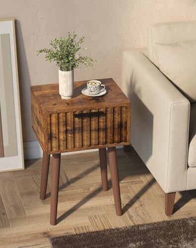 Fluted Nightstand Set of 2, Small End Table, Modern Coffee Table with Drawer, Solid Wood Legs, Retaining Chain, 35x27x53cm, for Bedroom and Small Spaces, Rustic Brown