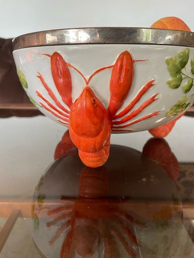 Antique WMF Lobster and Seaweed Silver Plated Trim Porcelain Round Serving Bowl 1920s