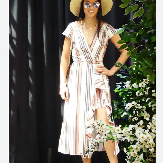 River Island Striped Ruffle Faux-Wrap Midi Dress Pink White Cotton Blend