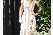 River Island Striped Ruffle Faux-Wrap Midi Dress Pink White Cotton Blend