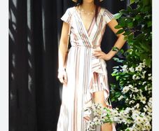River Island Striped Ruffle Faux-Wrap Midi Dress Pink White Cotton Blend