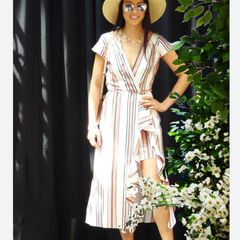 River Island Striped Ruffle Faux-Wrap Midi Dress Pink White Cotton Blend
