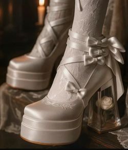 White Shoes with Rose in Glass Heels Size 4