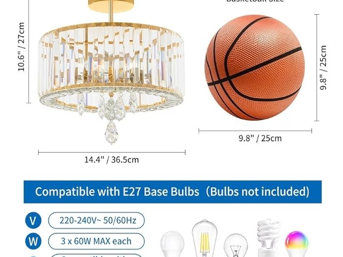Gold Crystal Ceiling Lights,3-Light Modern LED Chandeliers Fitting,Industrial Crystal Semi Flush Mount Ceiling Lighting for Hallway Living Room Kitchen Bathroom,Dia 36.5cm E27 Base