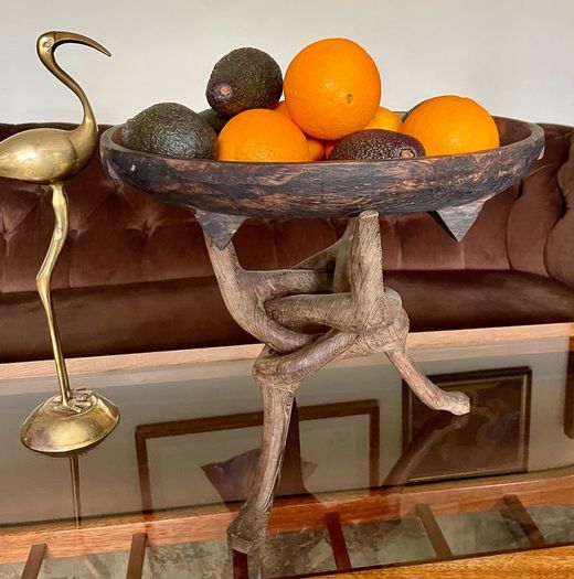 Unique Vintage Wooden African Tribal Art Decor Hand made bowl on Tripod folding Stand