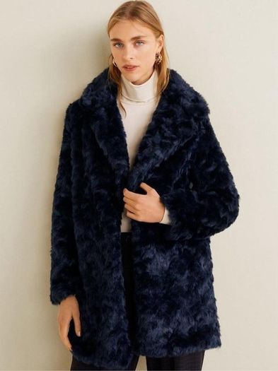 Gorgeous MANGO Size Xs Relaxed Fit faux fur coat in a deep navy shade with a super plush, textured finish.