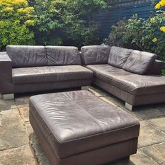 Premium Dark Brown Leather Corner Sofa & Matching Storage Ottoman