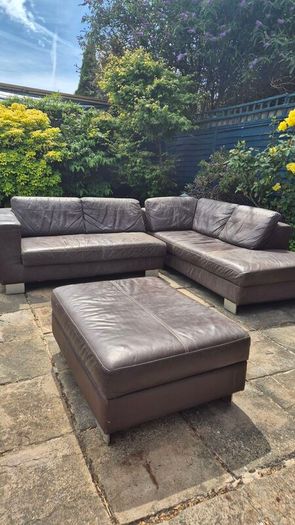 Premium Dark Brown Leather Corner Sofa & Matching Storage Ottoman