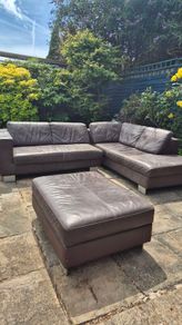 Premium Dark Brown Leather Corner Sofa & Matching Storage Ottoman