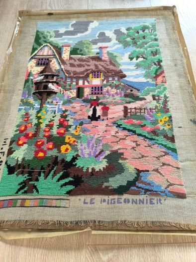 Vintage Hand Stitched Needlepoint Tapestry in Ornate Frame wall art Le Digeonier cottage