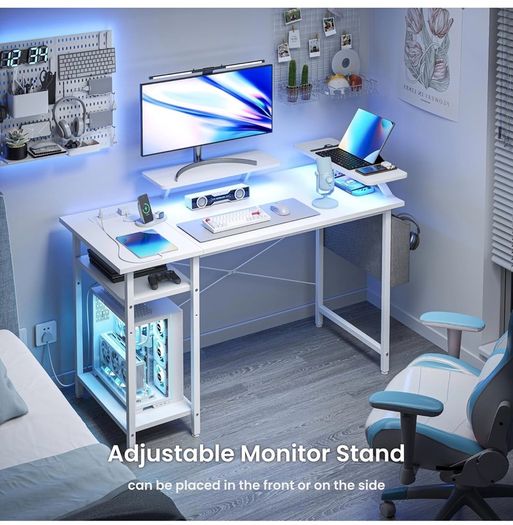 Gaming Desk with LED Lights & Power Outlets, Reversible
