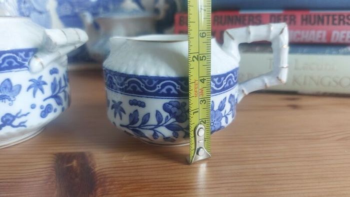 Exquisite Rare Beautifully Shaped and Patterned Blue & White Antique Milk Creamer and Matching Lidded Sugar Bowl by Edwin James Drew Bodley, in the Worchester Pattern Registered 1876, Circa 1875 - 1892