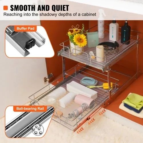 2 Tier 41 cm x 53.3 cm Pull Out Cabinet Organizer, Heavy Duty Slide Out Pantry Shelves, Chrome-Plated Steel Roll Out Drawers