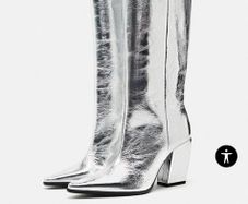 Zara Leather Block Heel Knee-high Boots Silver