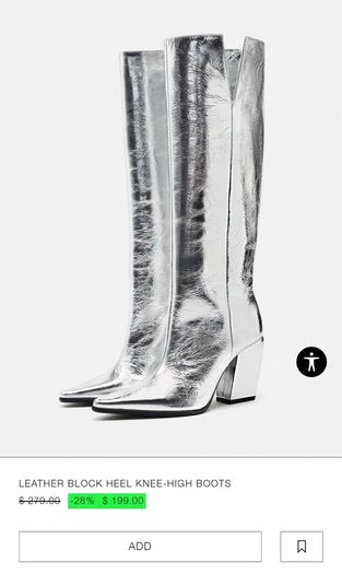 Zara Leather Block Heel Knee-high Boots Silver