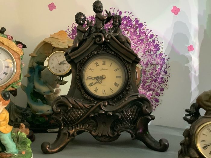 Clock, figures, Display Cabinet