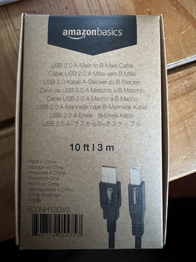 Amazon USB-A to USB-B 2.0 Cable, Gold-Plated, 3 m