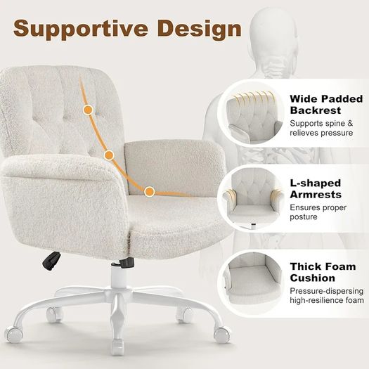 Home Office Desk Chair, Comfy Upholstered Fuzzy Vanity Chair with Wheels and Arms, Teddy Velvet Cute Adjustable Swivel Computer Seat for Living Room, Bedroom, Make Up and Salon, White