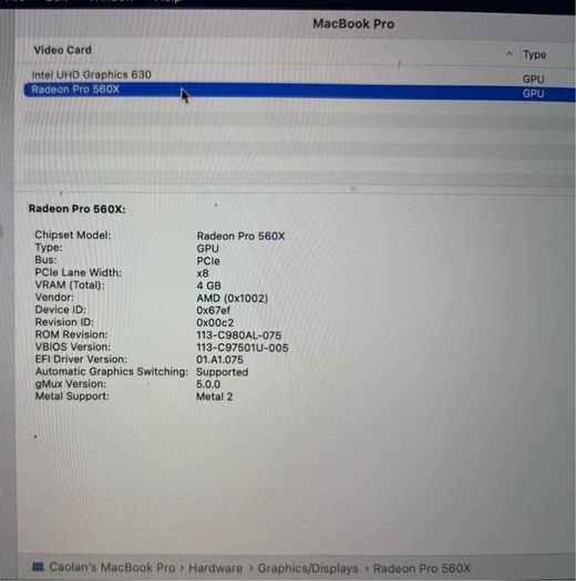 Macbook Pro 2018 15,1 i7 w/Radeon 560x 32GB 500GB