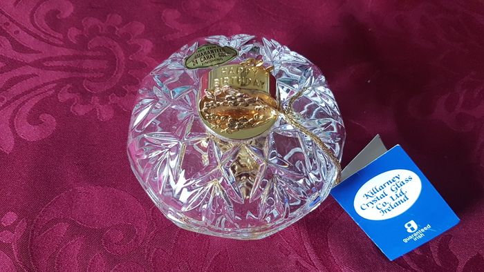 Killarney Crystal Cut Crystal Glass Happy Birthday Lidded Jewelry Dish / Bowl With 24 Carat Gold Cover Handle and Footed Base Finishing Made In Ireland