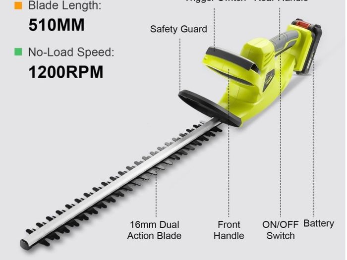 Cordless Hedge Trimmer with Cover, 20V 2000mAh Lithium ion Battery, Electric Cutter, 65CM Blade, Cutting Length 51cm, 16 mm Tooth Opening Capacity, 1Hr Fast Charger (FREE POSTAGE)