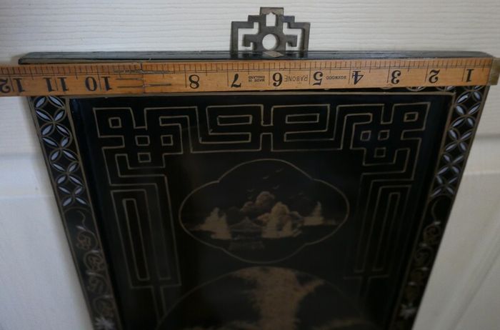Vintage large Japanese Mother of Pearl Wall Panel / Black Lacquer Geisha Warrior & Floral ORIENTAL WALL ART