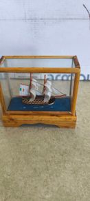 Vintage Old Wooden Sailboat Ship In Display Box Glass Case Bamboo Pedestal 3.5 inches