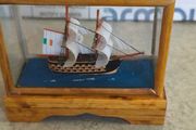 Vintage Old Wooden Sailboat Ship In Display Box Glass Case Bamboo Pedestal 3.5 inches