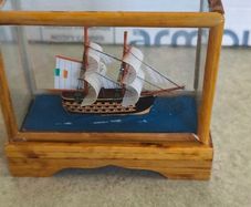 Vintage Old Wooden Sailboat Ship In Display Box Glass Case Bamboo Pedestal 3.5 inches