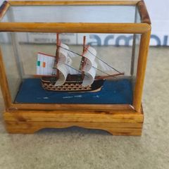 Vintage Old Wooden Sailboat Ship In Display Box Glass Case Bamboo Pedestal 3.5 inches