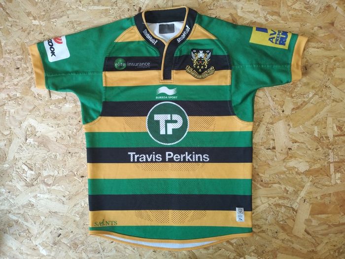 FREE POST Northampton Rugby Jersey  - Excellent Condition - Shirt Black Yellow Green Burrda Small England Rugby Union