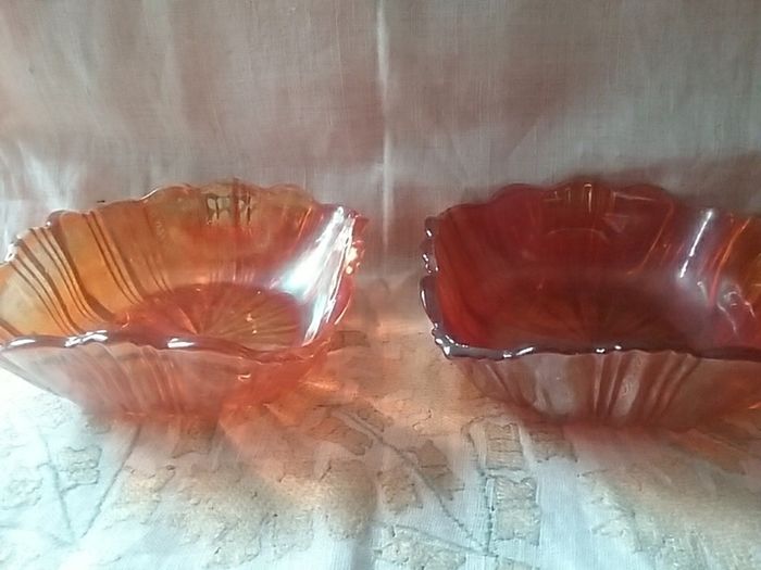 Two Good Square Carnival Glass Serving Dishes