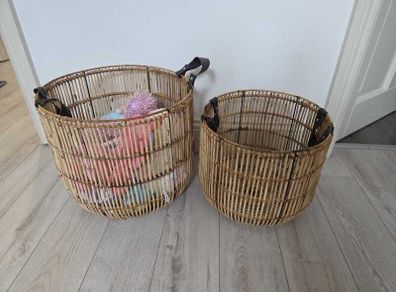 Nesting Wicker Baskets with leather handles x 2