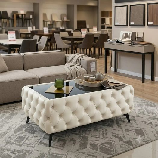 Chesterfield Coffee Table Velvet Rectangle 83x63x45cm with Glass