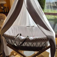 Clair de Lune Quality Moses Basket, Stand, Drape plus Brand New Sheets and Mattress. Newborn. Baby Essentials.