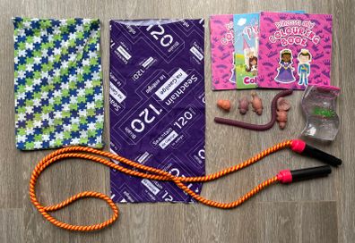 Snuds, Colouring Books, Squishies, Sensory Liquid Timer, Skipping Rope