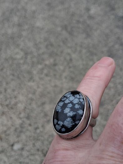 Midcentury Snowflake Obsidian Sterling Silver Ring