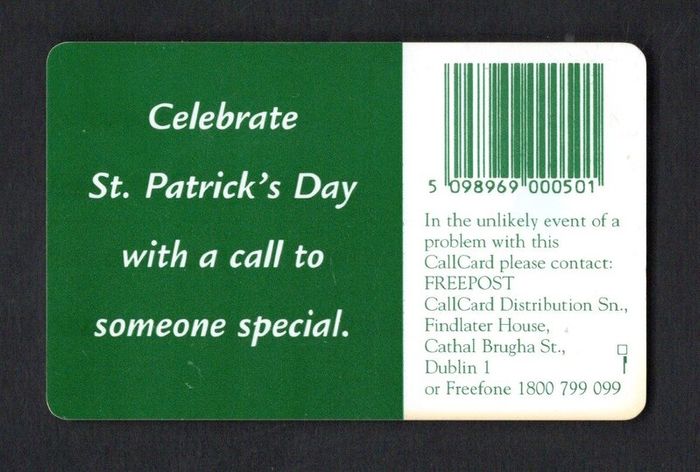 1996 Ireland 50 Unit St. Patrick's Day 1996 (Gemplus GEM1) Call Card Used. Telecom Eireann card number 1122