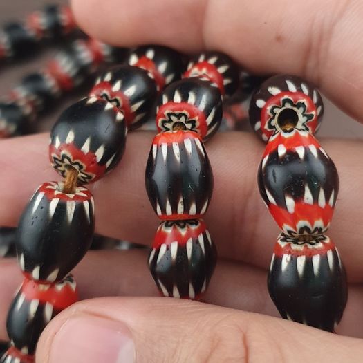 Antique Venetian Style Black Chevron Glass Beads Necklace Strand