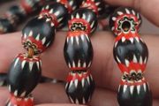 Antique Venetian Style Black Chevron Glass Beads Necklace Strand