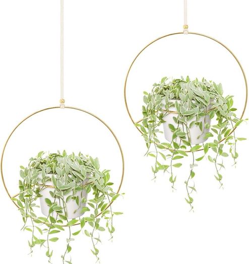 Boho Hanging Planter, Set of 2 Round Metal Plant Hanger with Plastic Plant Pot, Modern Wall and Ceiling Planter Mid Century Flower Pot Holder, Fits 15cm Planter, Gold (Pots Included)