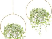 Boho Hanging Planter, Set of 2 Round Metal Plant Hanger with Plastic Plant Pot, Modern Wall and Ceiling Planter Mid Century Flower Pot Holder, Fits 15cm Planter, Gold (Pots Included)