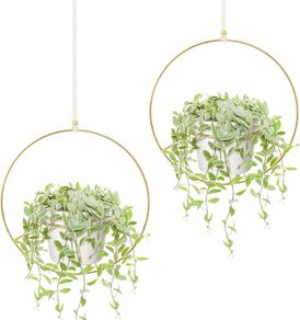 Boho Hanging Planter, Set of 2 Round Metal Plant Hanger with Plastic Plant Pot, Modern Wall and Ceiling Planter Mid Century Flower Pot Holder, Fits 15cm Planter, Gold (Pots Included)