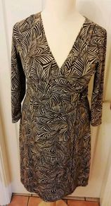 Sigrid Olsen Faux Wrap Dress. Long Sleeve. Brown & Cream Leaf Pattern. Size L. Measurements in Description.
