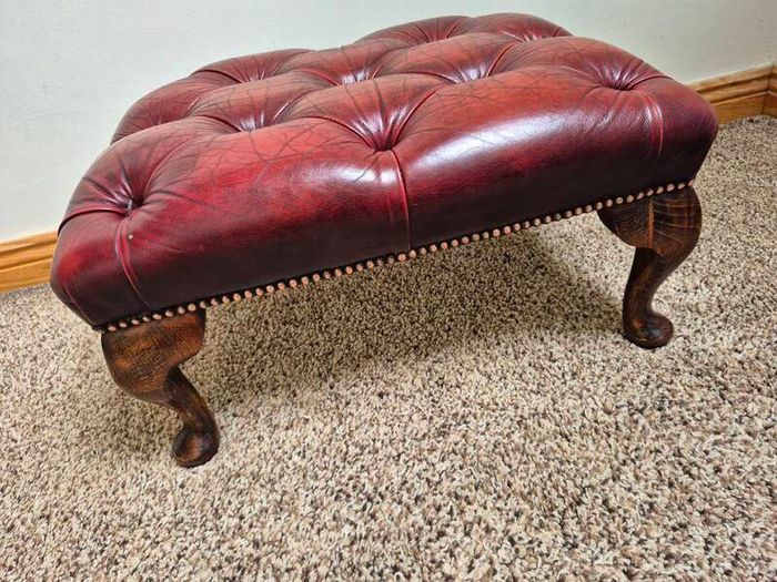 Vintage Chesterfield Queen Anne Leather Footstool Oxblood Red