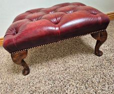 Vintage Chesterfield Queen Anne Leather Footstool Oxblood Red