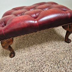 Vintage Chesterfield Queen Anne Leather Footstool Oxblood Red