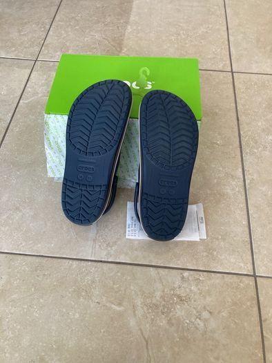 Crocs (Crocband) - navy with brown and white band  (Men's U.K. size 10).