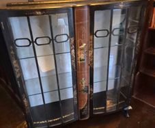 Vintage  Turnige Chinoiserie locking ebonised handpainted cabinet 3 tiers