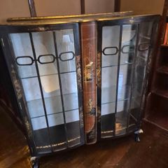 Vintage  Turnige Chinoiserie locking ebonised handpainted cabinet 3 tiers